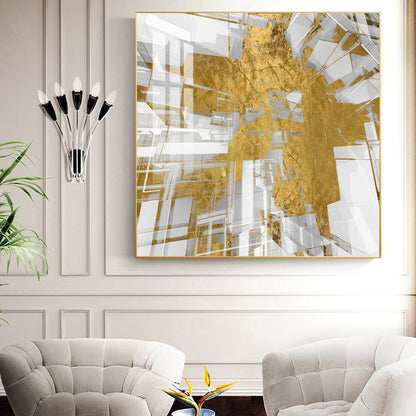 Symphony in Gold and White Glass Finish Square Wall Art