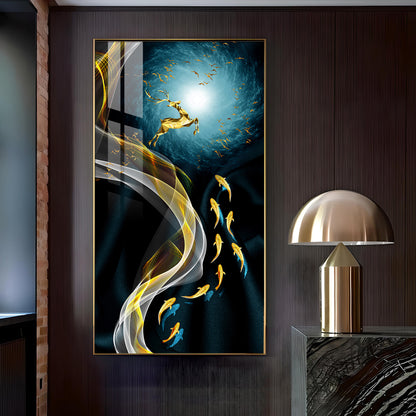 The Golden Swim Glass Finish Vertical Wall Art