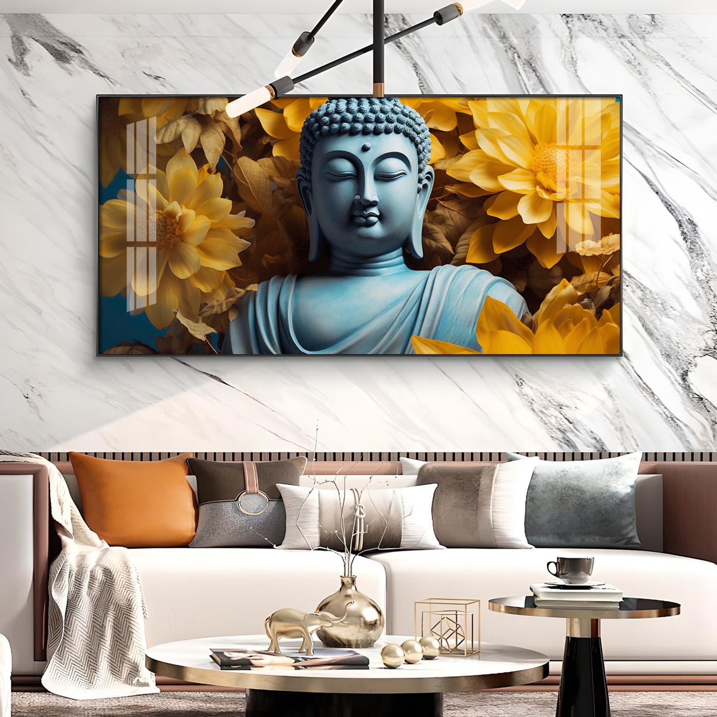 Majestic Buddha With Flower Glass Finish Horizontal Wall Art