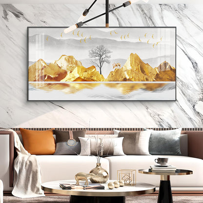 Golden Mountains And Birds Glass Finish Horizontal Wall Art