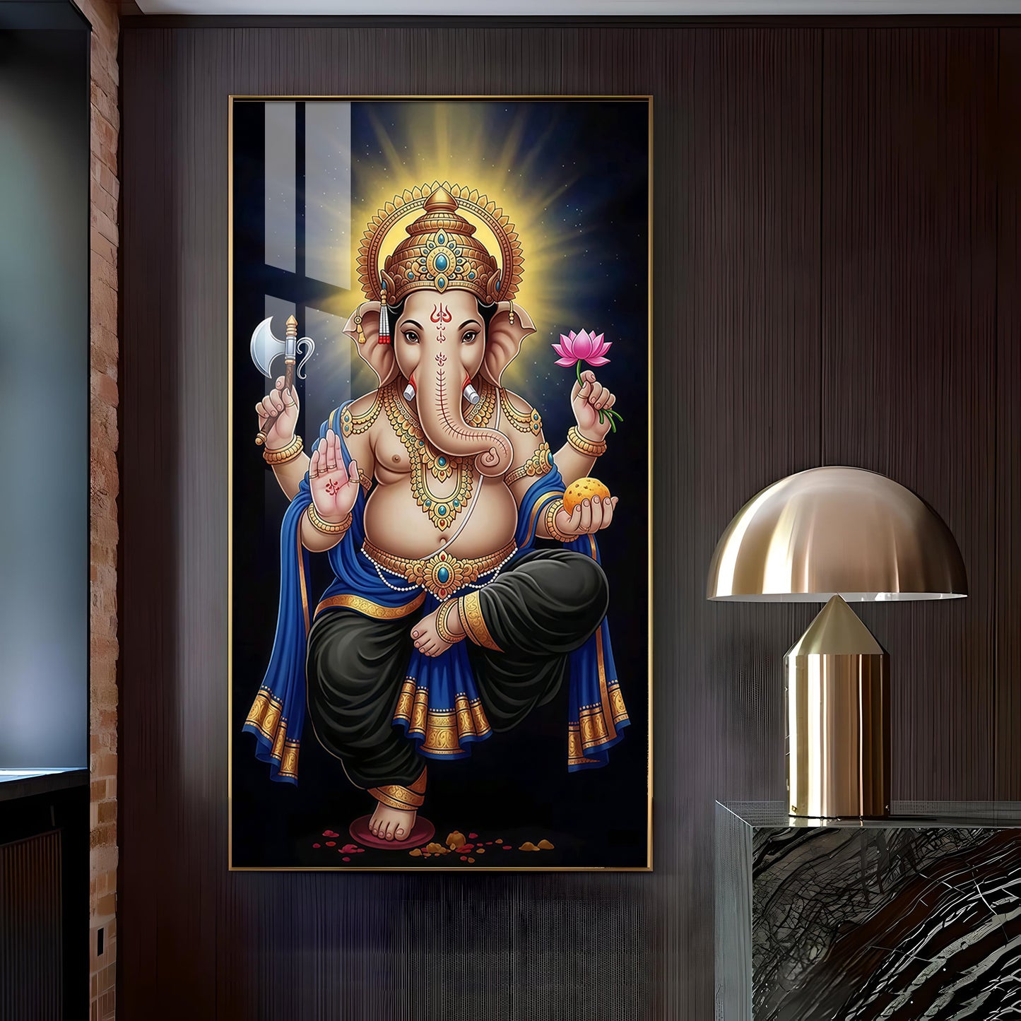 Om Gan Ganpataye Glass Finish Vertical Wall Art