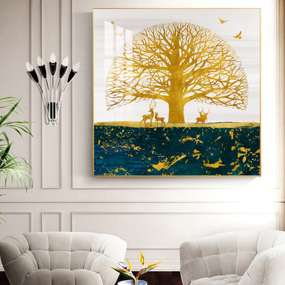 Portrait of Deer and Tree Glass Finish Square Wall Art