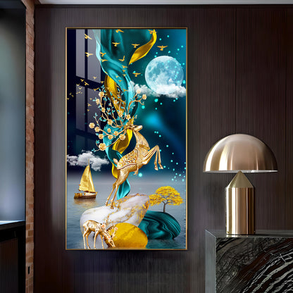 Moonnlit Dancing Deer Glass Finish Vertical Wall Art