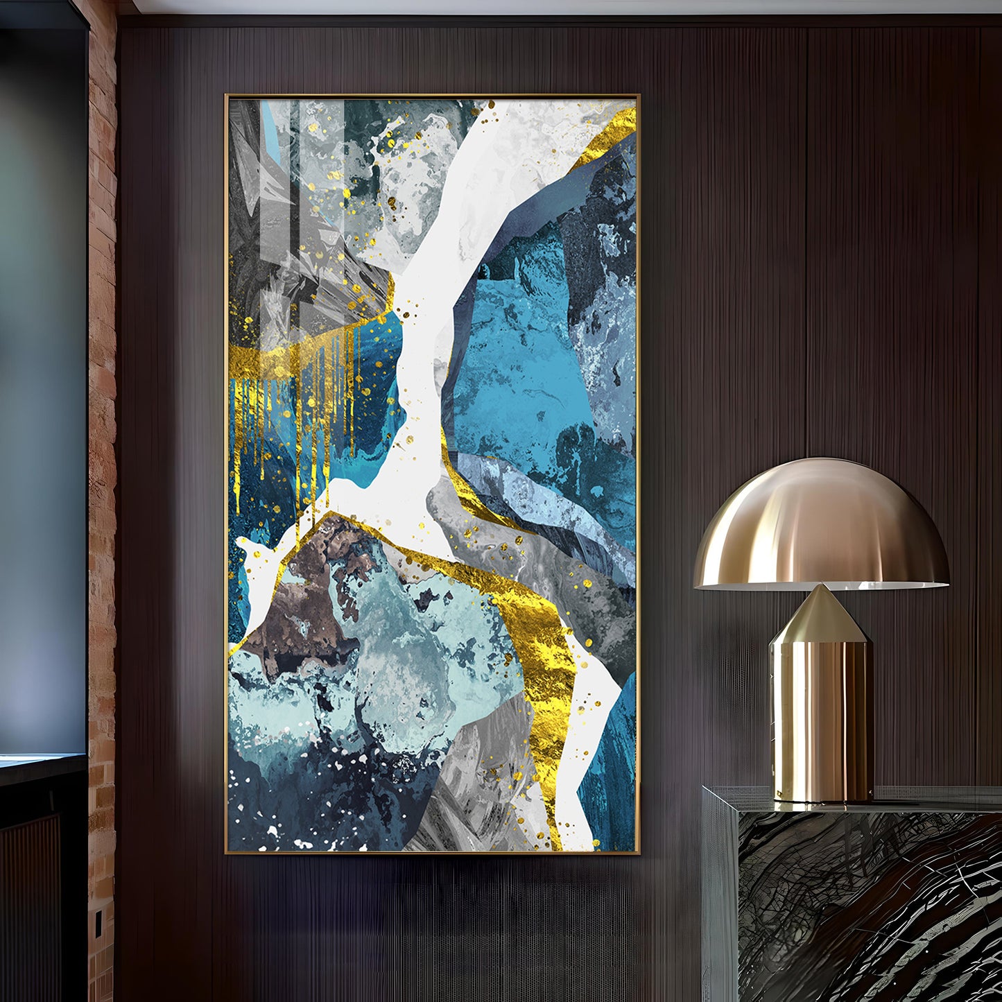 Gold and Blue Abstraction Glass Finish Vertical Wall Art