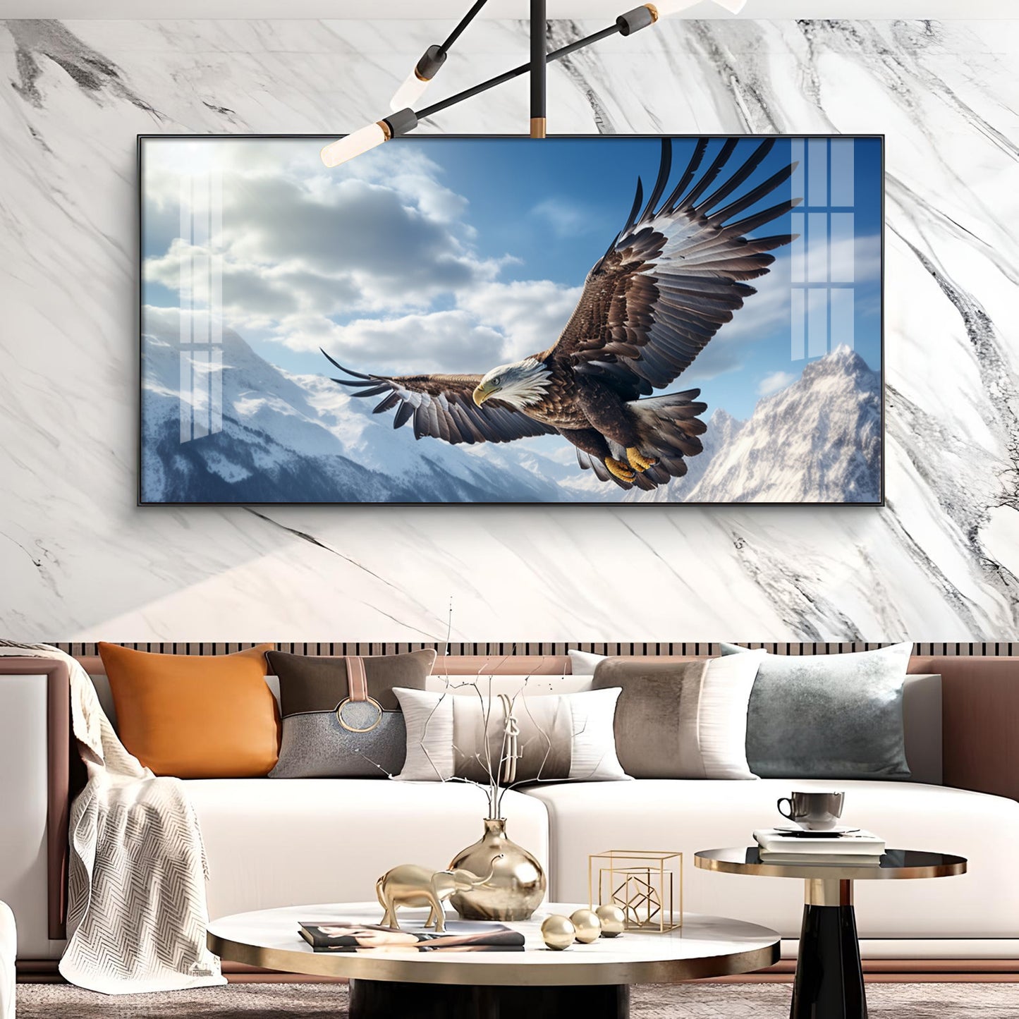 Eagle Flying Over Mountains Glass Finish Horizontal Wall Art