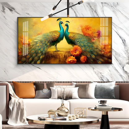 Peacocks With Flower Background Glass Finish Horizontal Wall Art