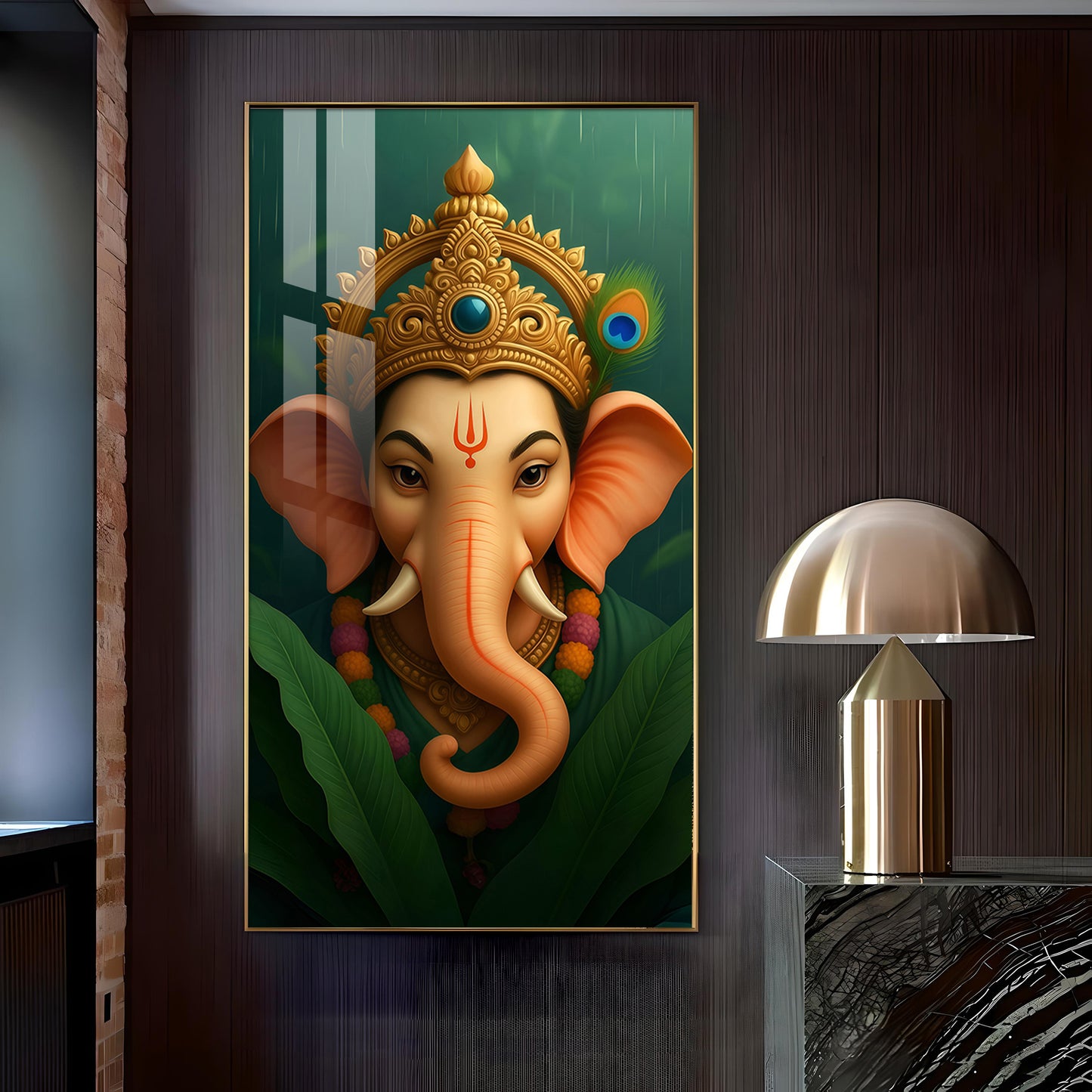 Vibrant Lord ganesha Artwork Glass Finish Vertical Wall Art