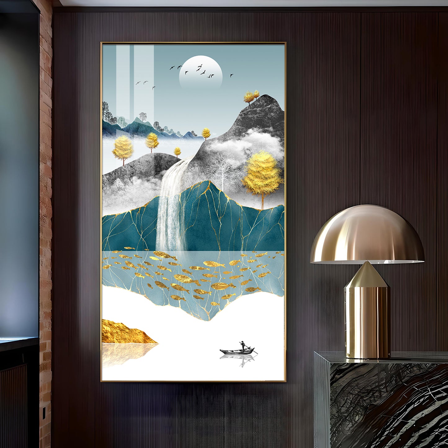 Painting of a Waterfall and Boat Glass Finish Vertical Wall Art