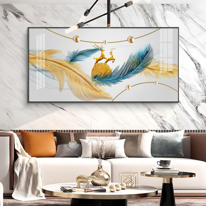 Golden Blue Feathers Glass Finish Horizontal Wall Art