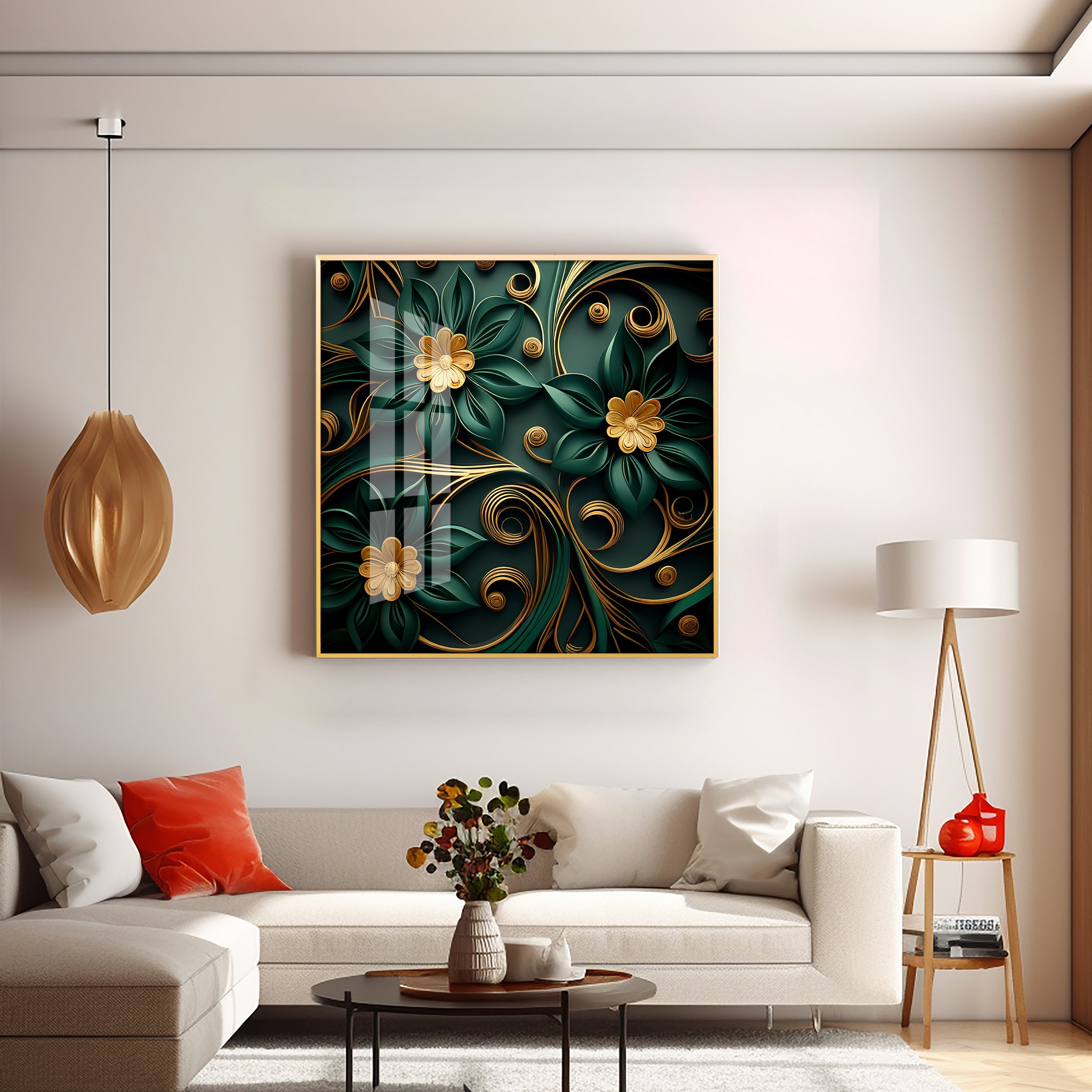 Emerald Garden Flower Glass Finish Square Wall Art