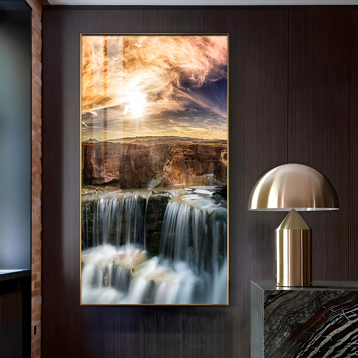 Dusk Over the Falls Glass Finish Vertical Wall Art