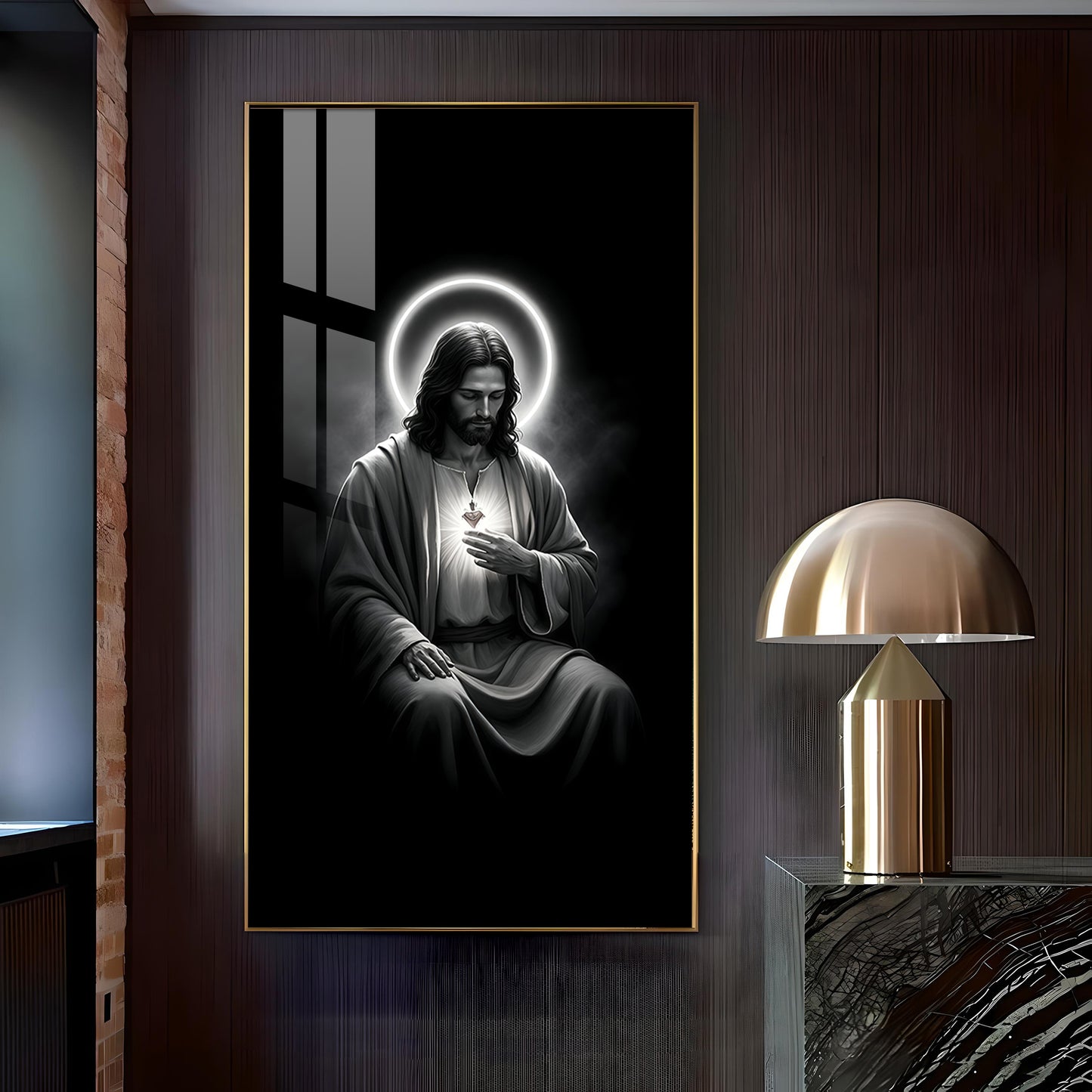 Jesus Black and White Glass Finish vertical Wall Art