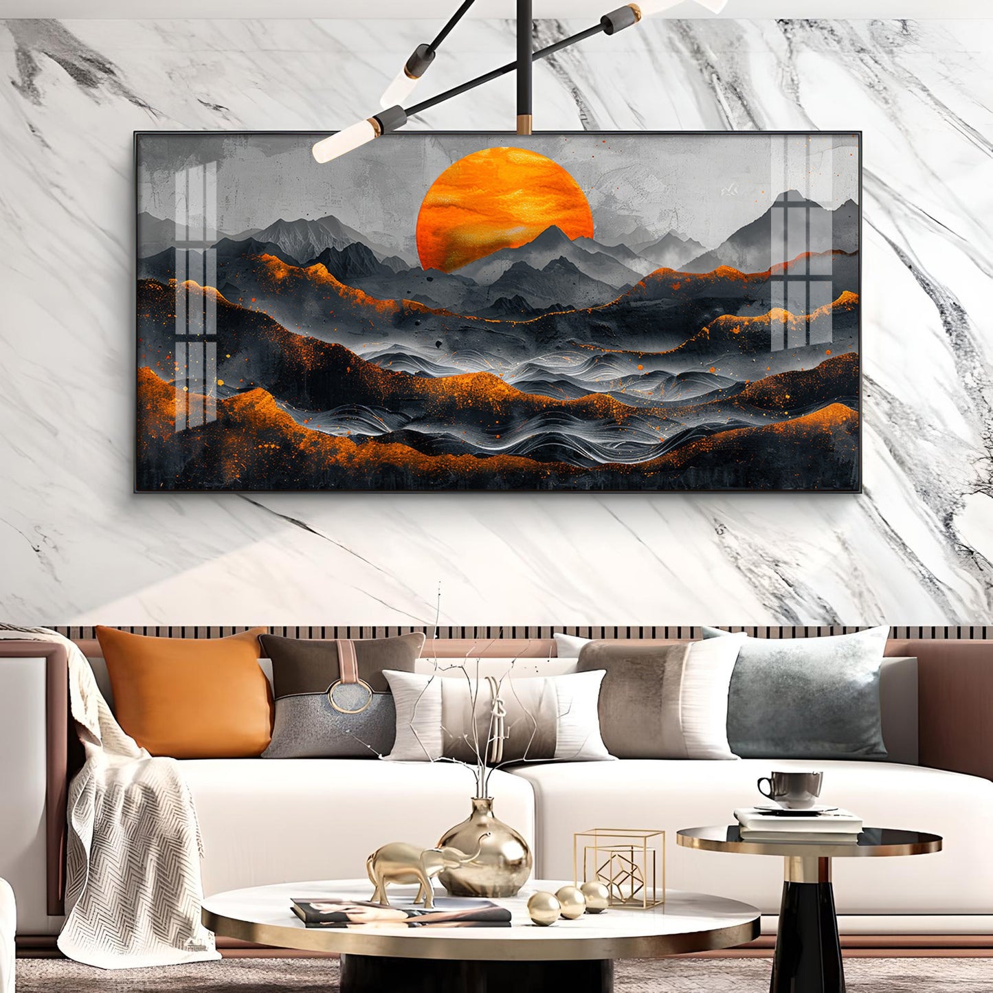 Sun Rise In Black Mountain Glass Finish Horizontal Wall Art