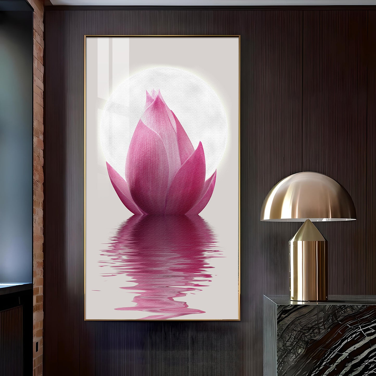 Lunar Lotus Glass Finish Vertical Wall Art