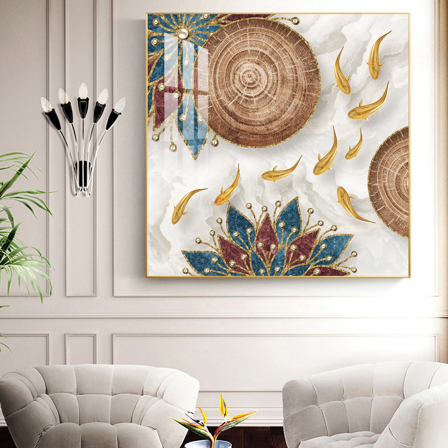 Ivory and Gold Fish Harmony Glass Finish Square Wall Art