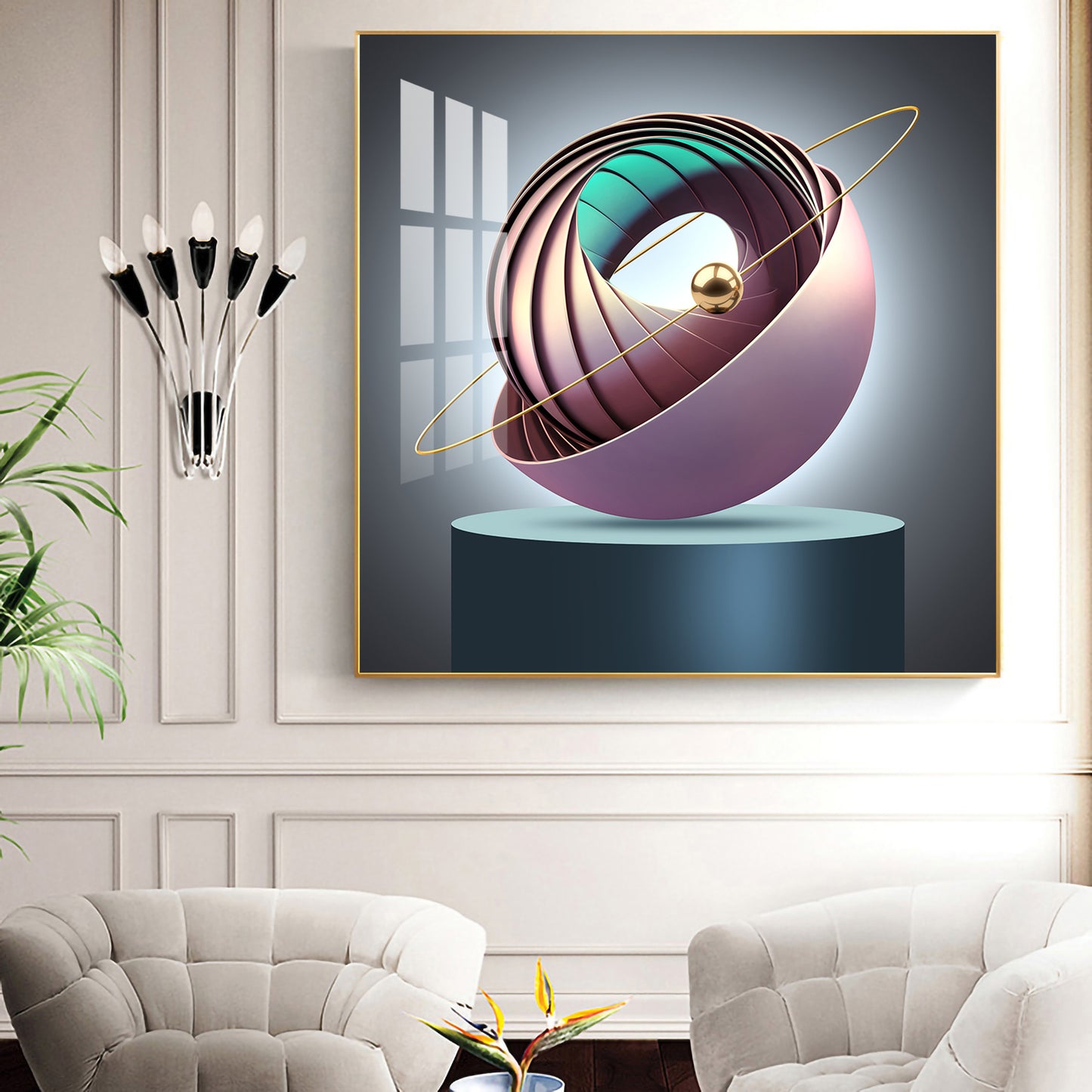 Aureate Ringed Sphere Glass Finish Square Wall Art