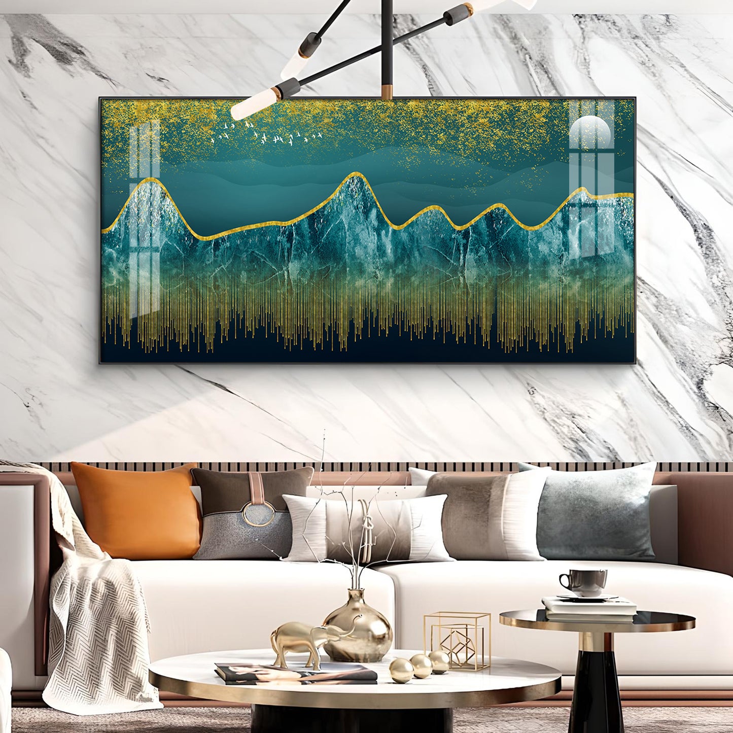 Dark Turquoise Mountains Glass Finish Horizontal Wall Art