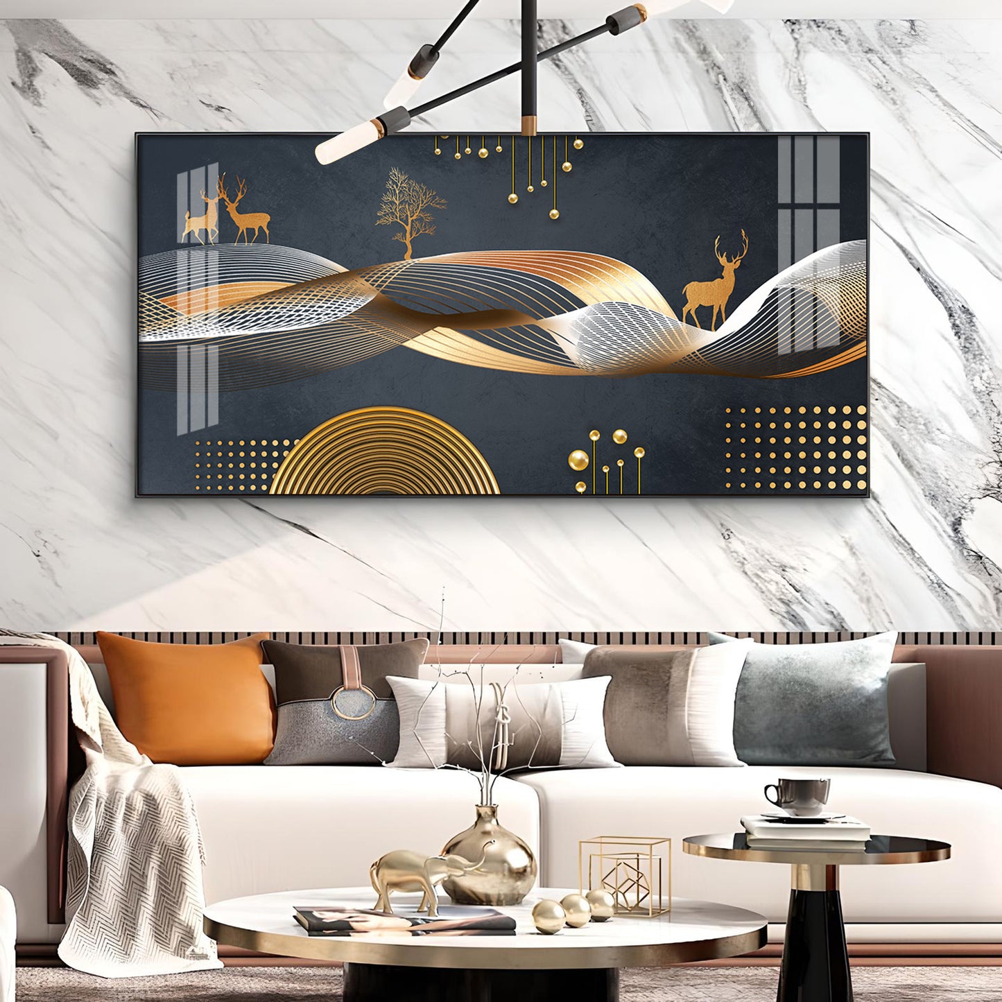 Night Landscape With Golden Deer Glass Finish Horizontal Wall Art