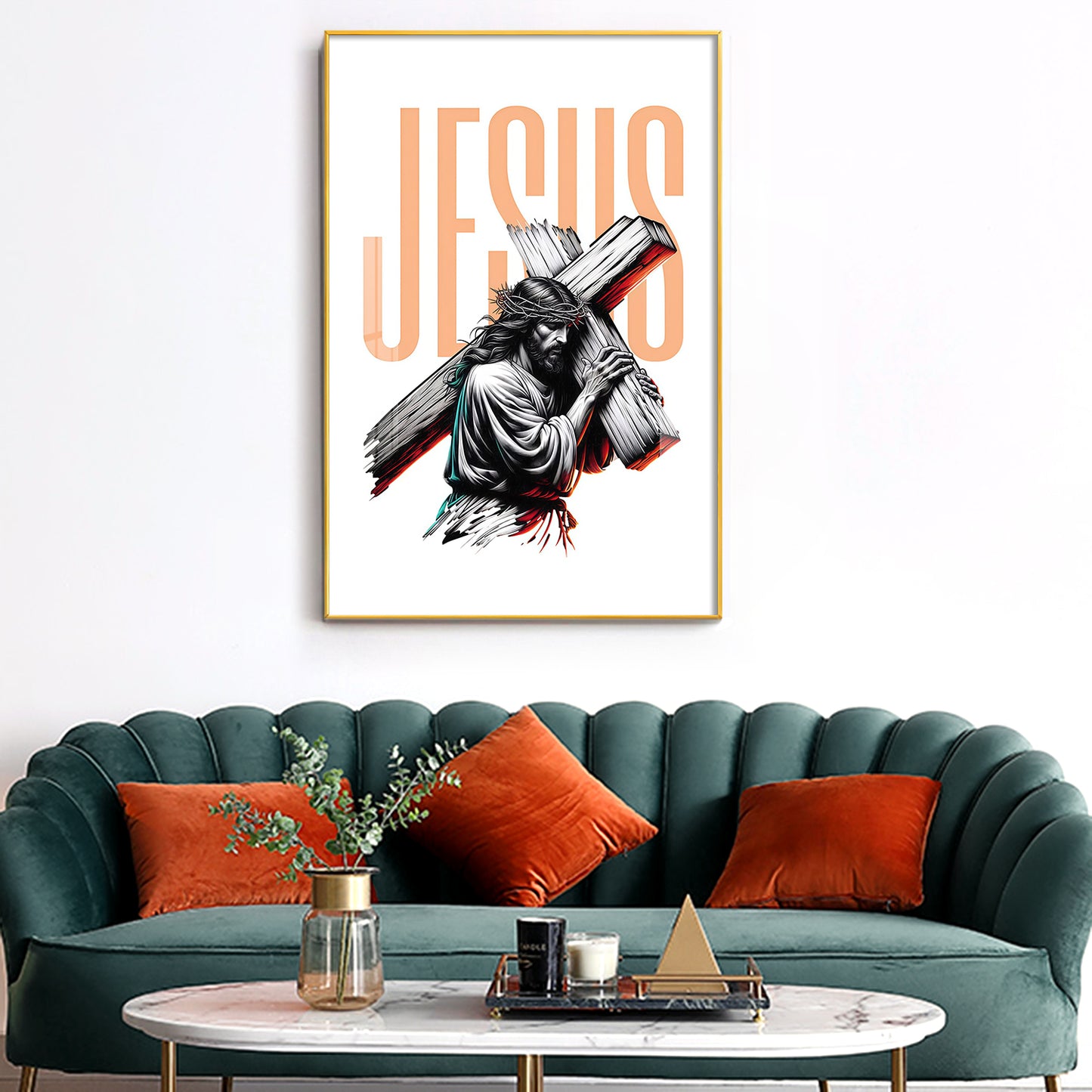 Jesus Christ with Cross Glass Finish Vertical Wall Art