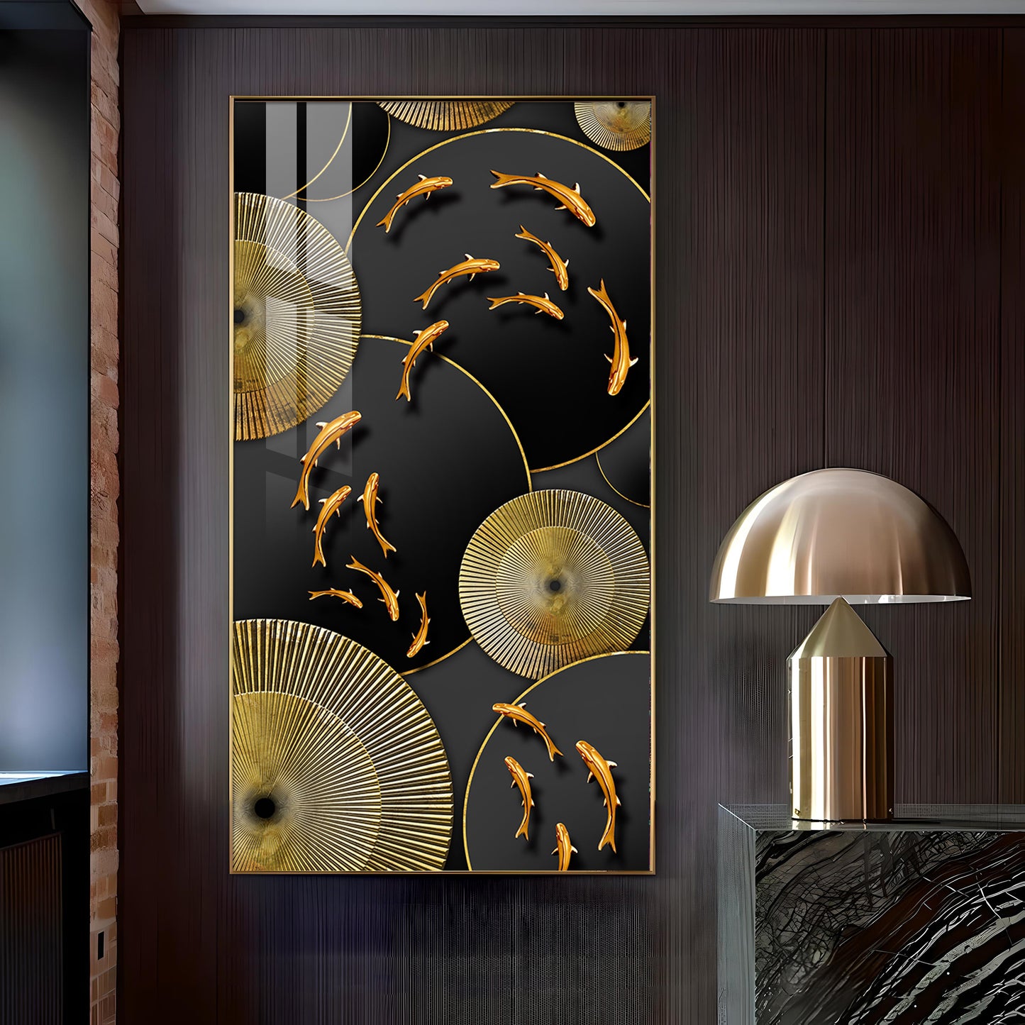 Goldfish Elegance Glass Finish Vertical Wall Art