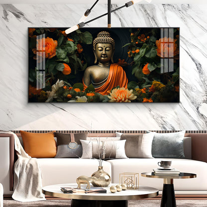 Luminous Buddha With Flower Glass Finish Horizontal Wall Art