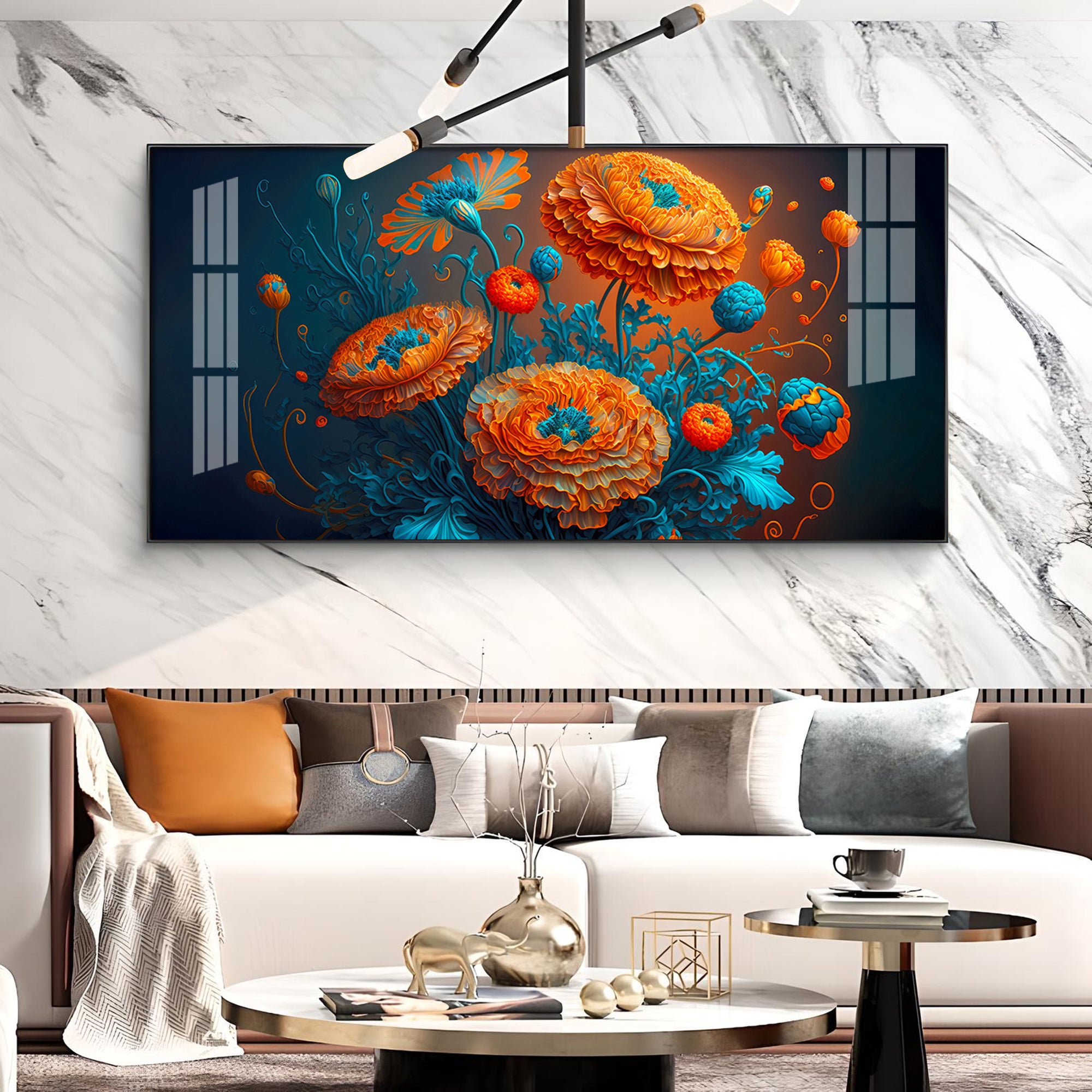 Blooming MariGold Flower Glass Finish Horizontal Wall Art