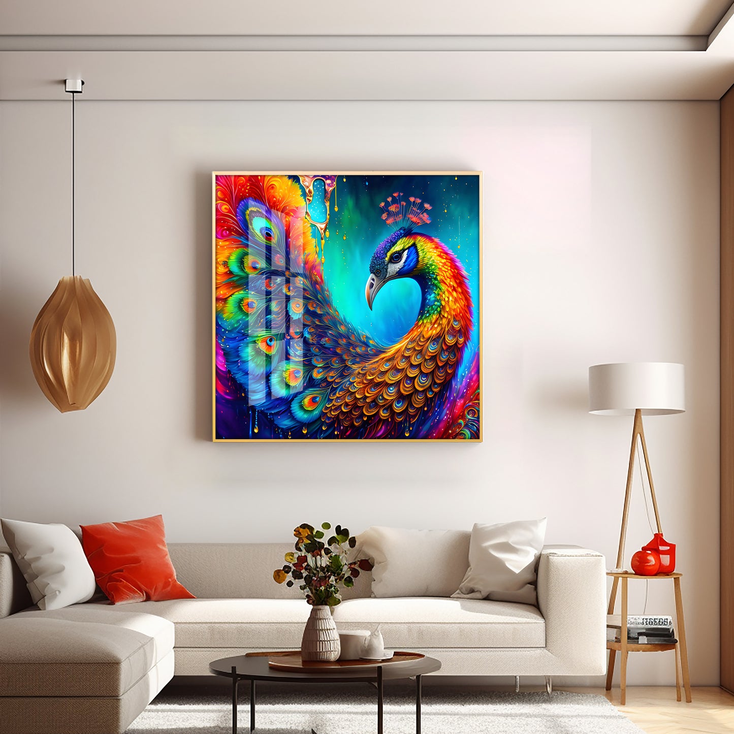 Peacock Elegance Glass Finish Square Wall Art