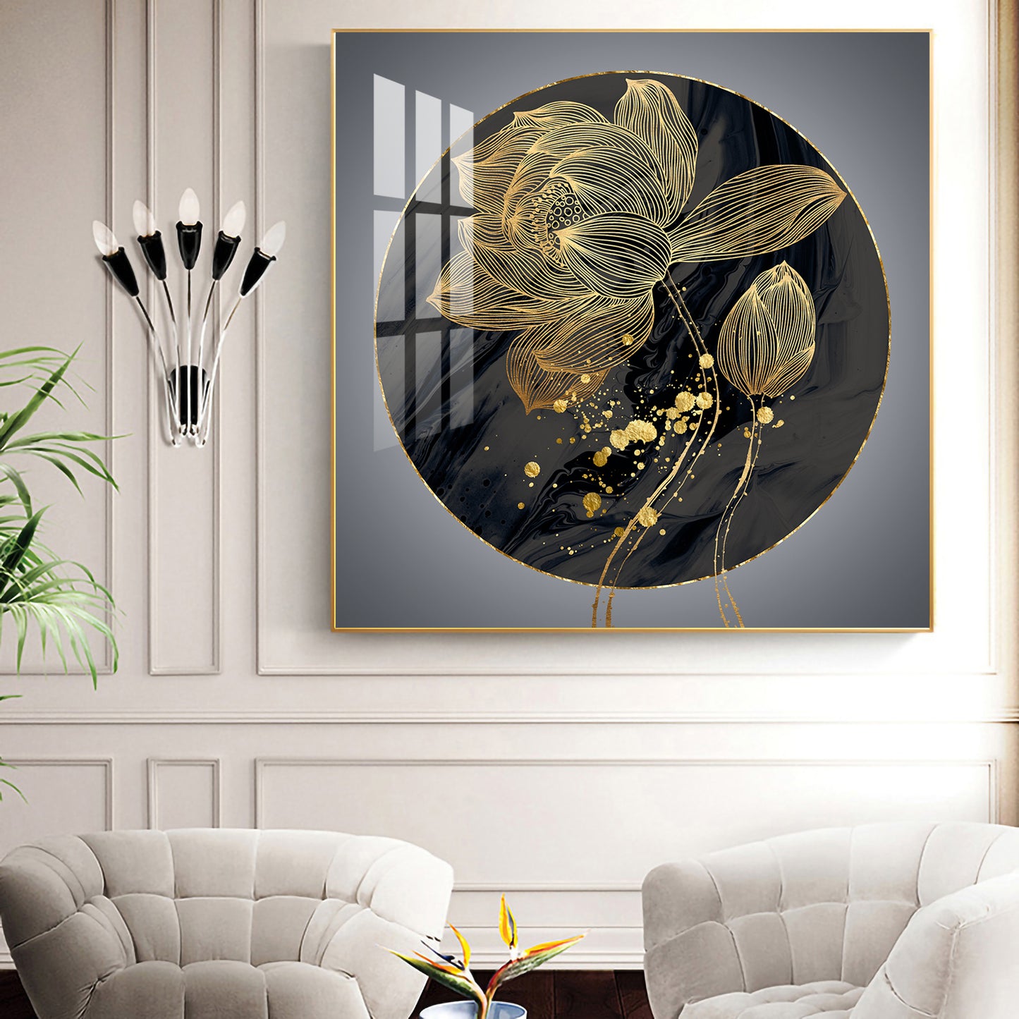 Golden Petal Grandeur Glass Finish Square Wall Art