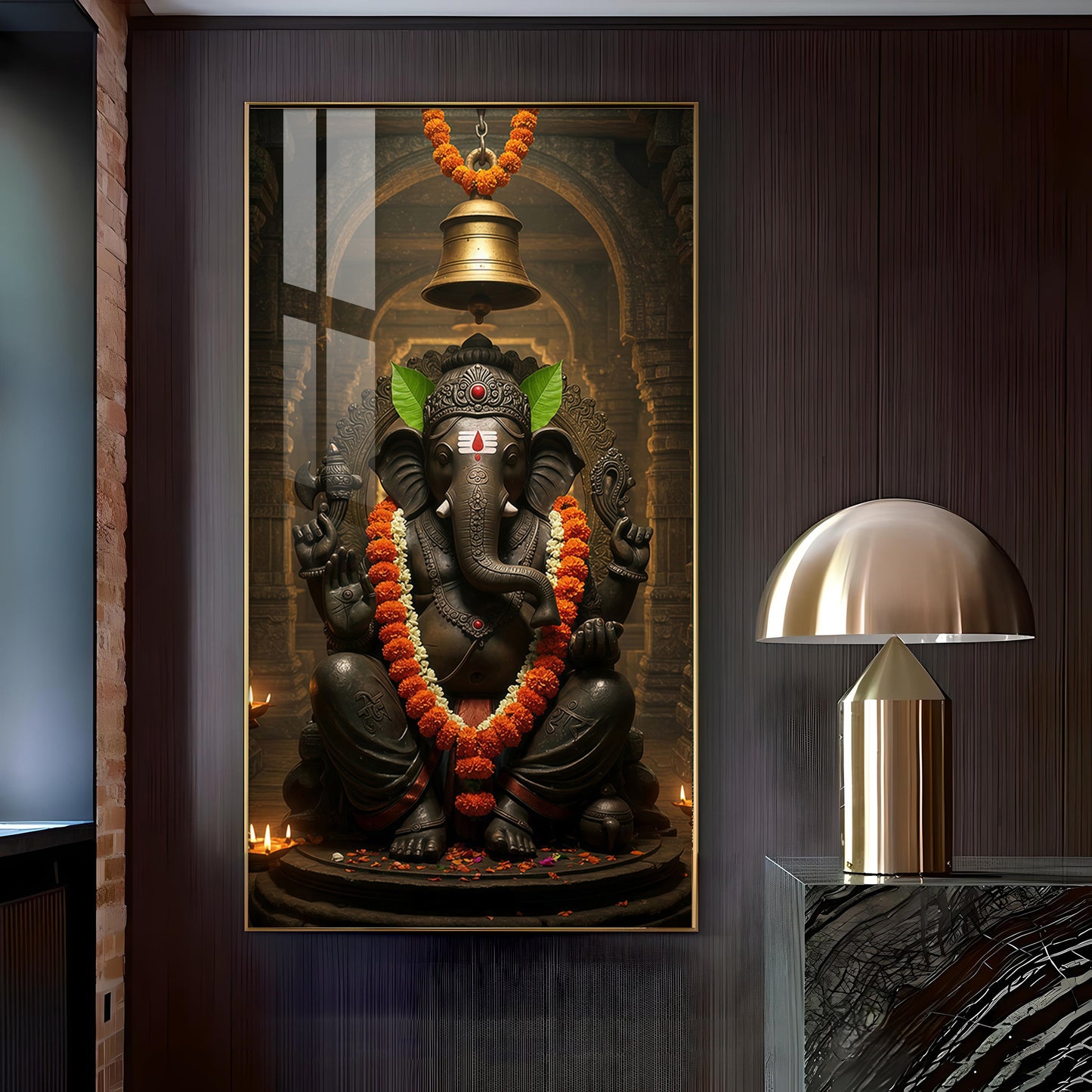 Lord Ganesh Blessing Glass Finish Vertical Wall Art