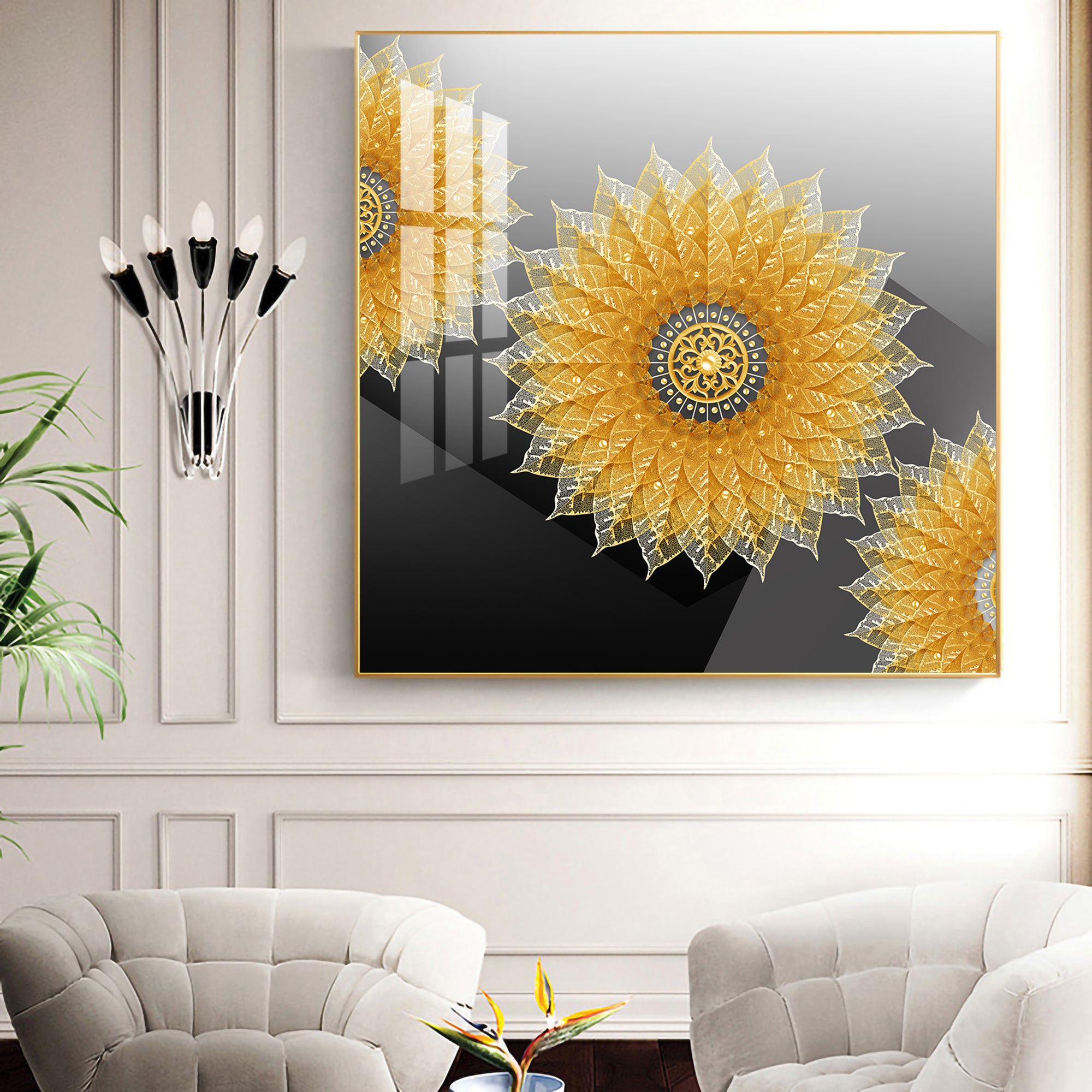 Golden Bloom Glass Finish Square Wall Art