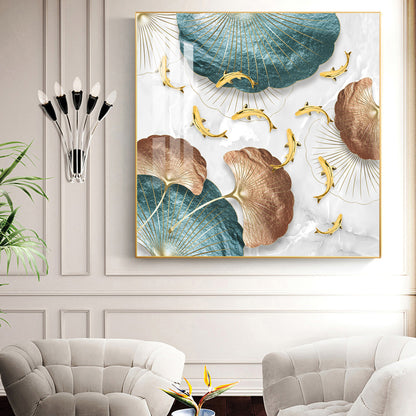 Opulent Blue Gold Flora Glass Finish Square Wall Art