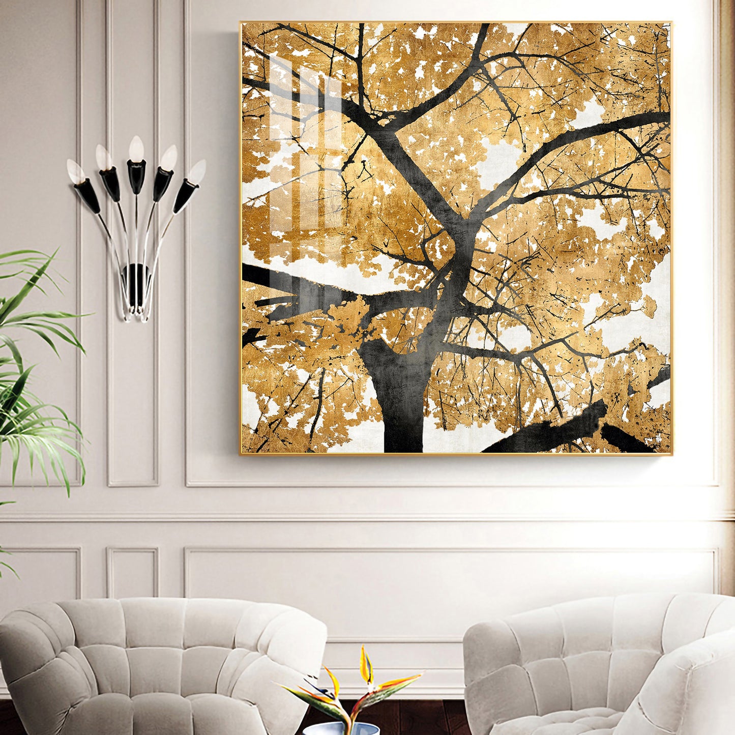 Radiant Tree of Gold Glass Finish Square Wall Art