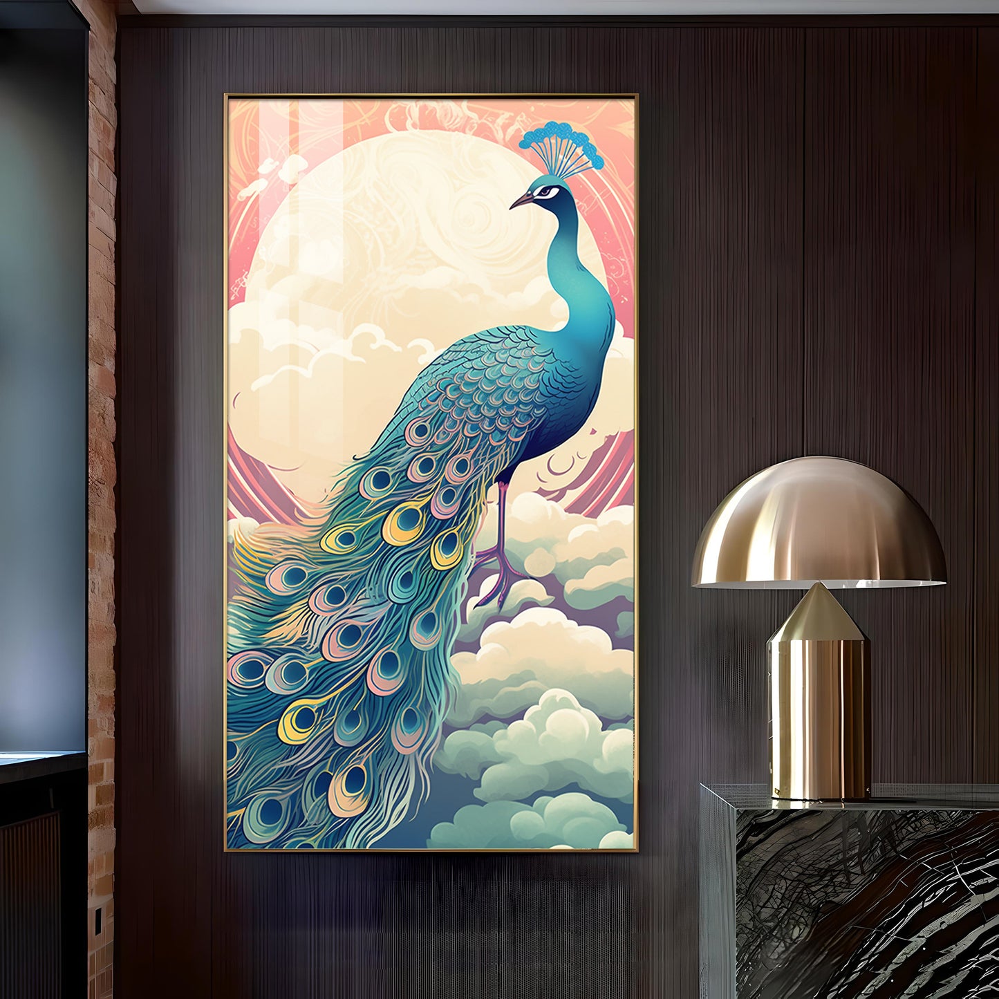 Heavenly Peacock Vista Glass Finish Vertical Wall Art