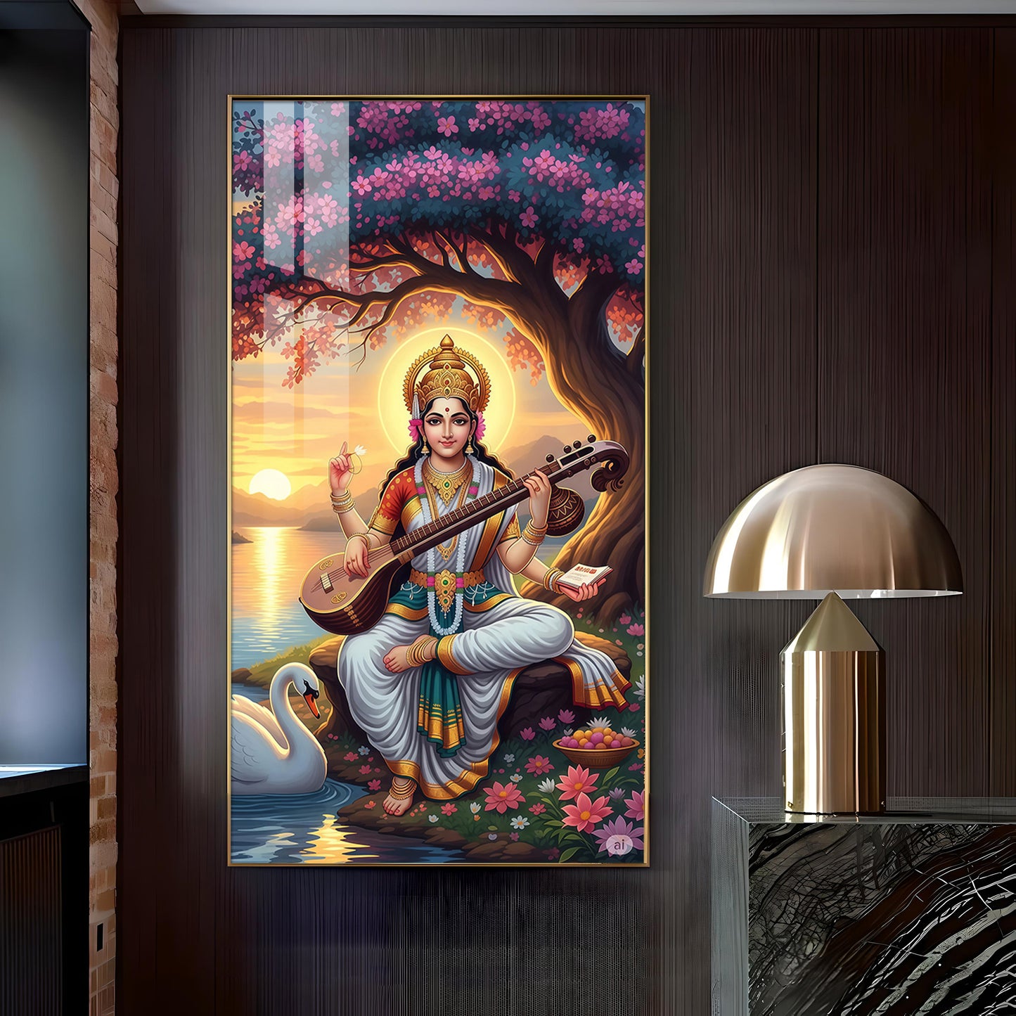 Goddess Saraswati Glass Finish Vertical Wall Art