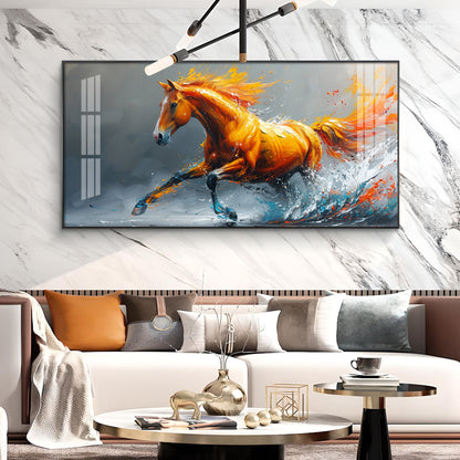 One Running Horse Glass Finish Horizontal Wall Art