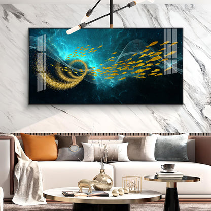 School Of Gold Fish Glass Finish Horizontal Wall Art