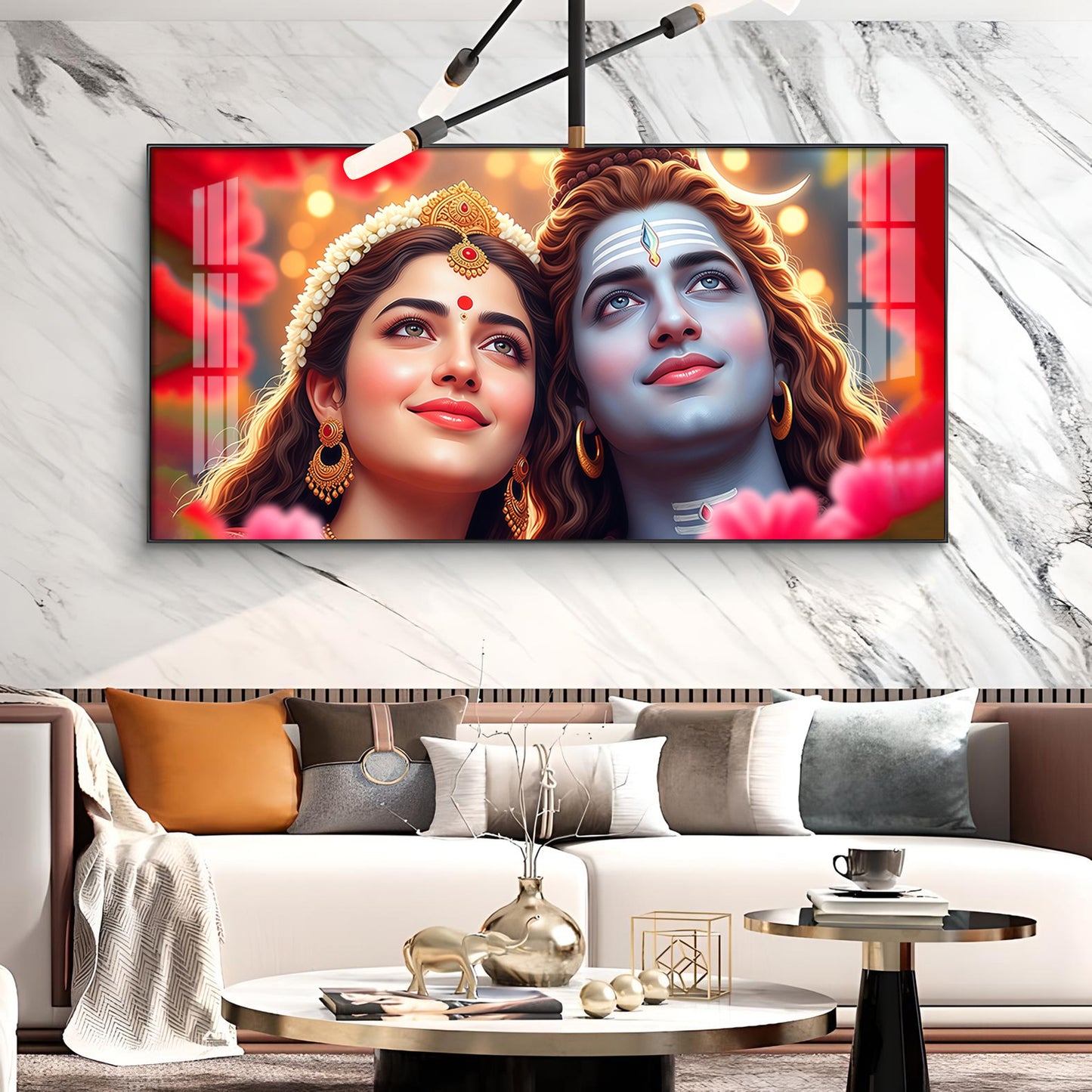 Lord Shiva and Parvati Glass Finish Horizontal Wall Art
