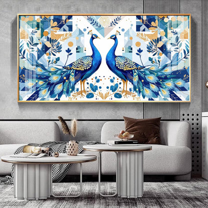 Two Peacock Looking Each Other Glass Finish Horizontal Wall Art
