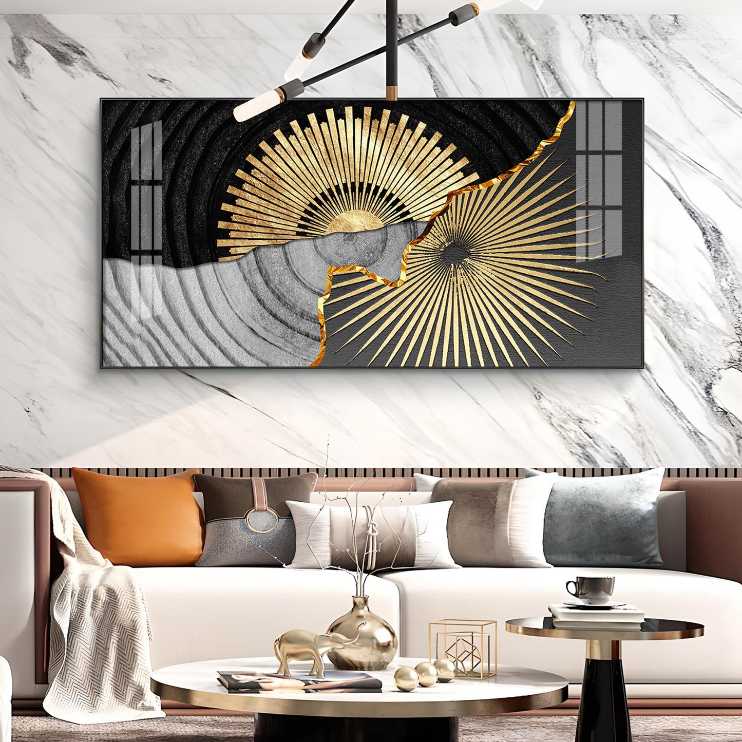 Golden Texture Fusion Glass Finish Horizontal Wall Art