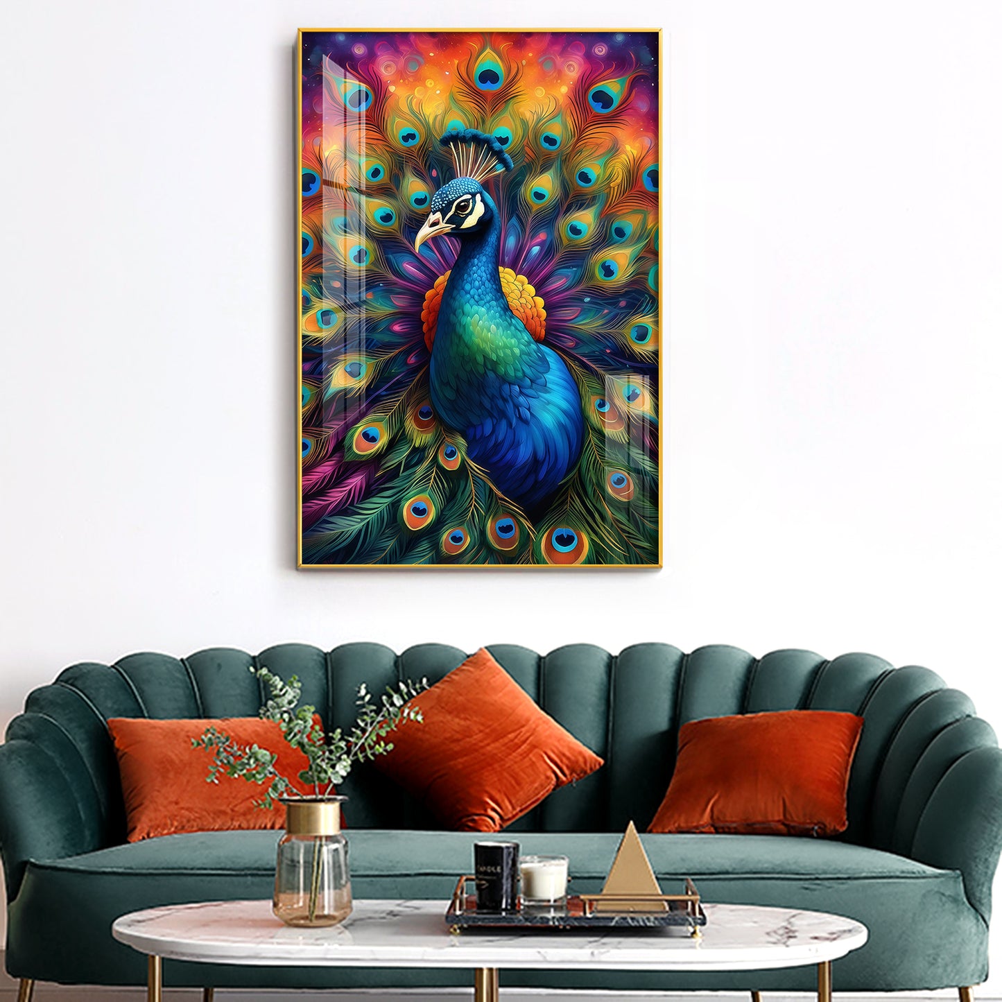 Beautiful Peacock Glass Finish Vertical Wall Art
