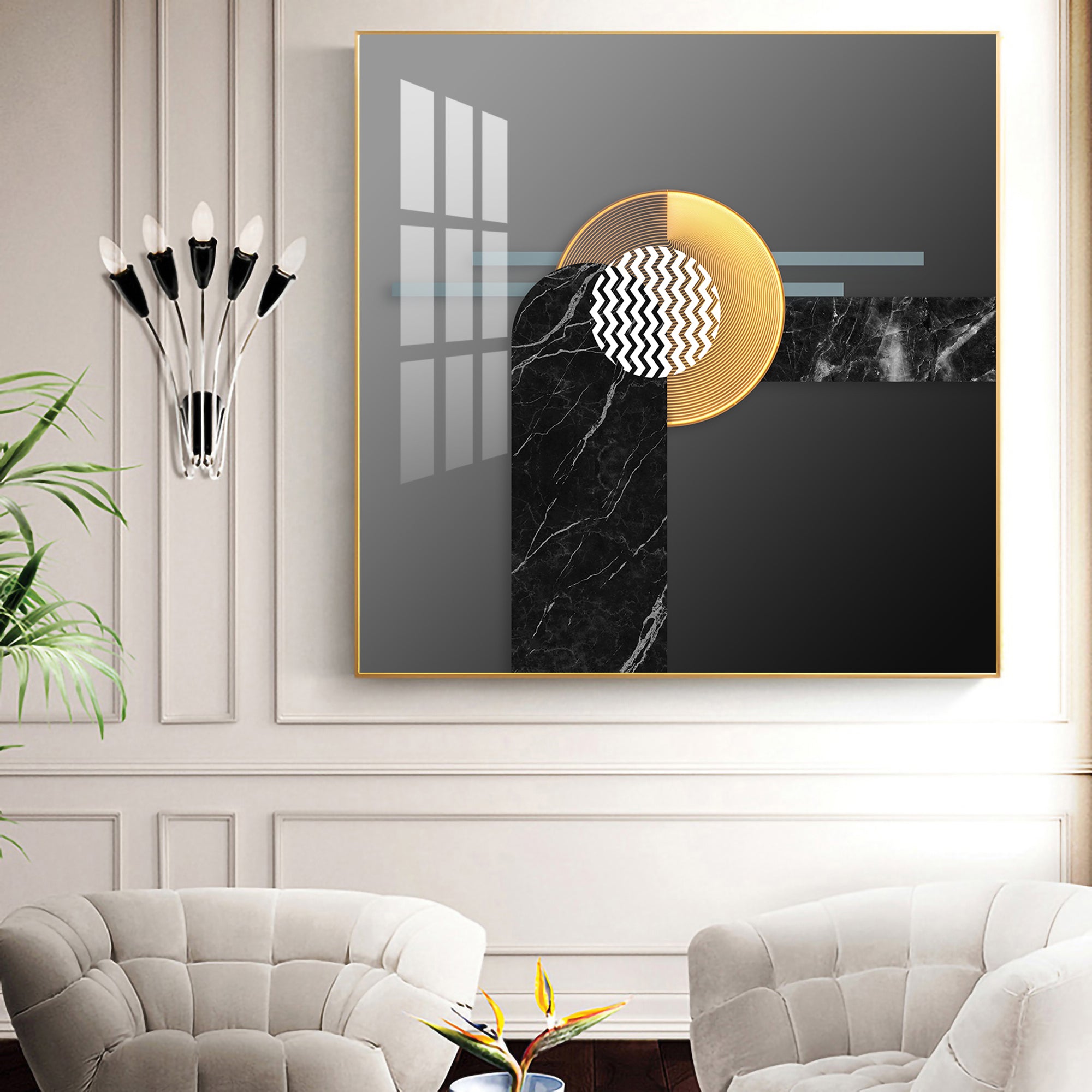 Black and Gold Glass Finish Square Wall Art