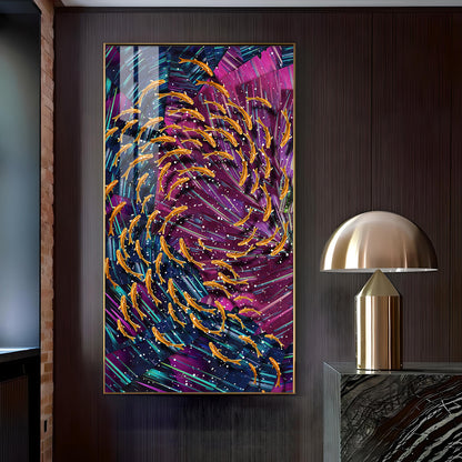 Chromatic Fish Dance Glass Finish Vertical Wall Art