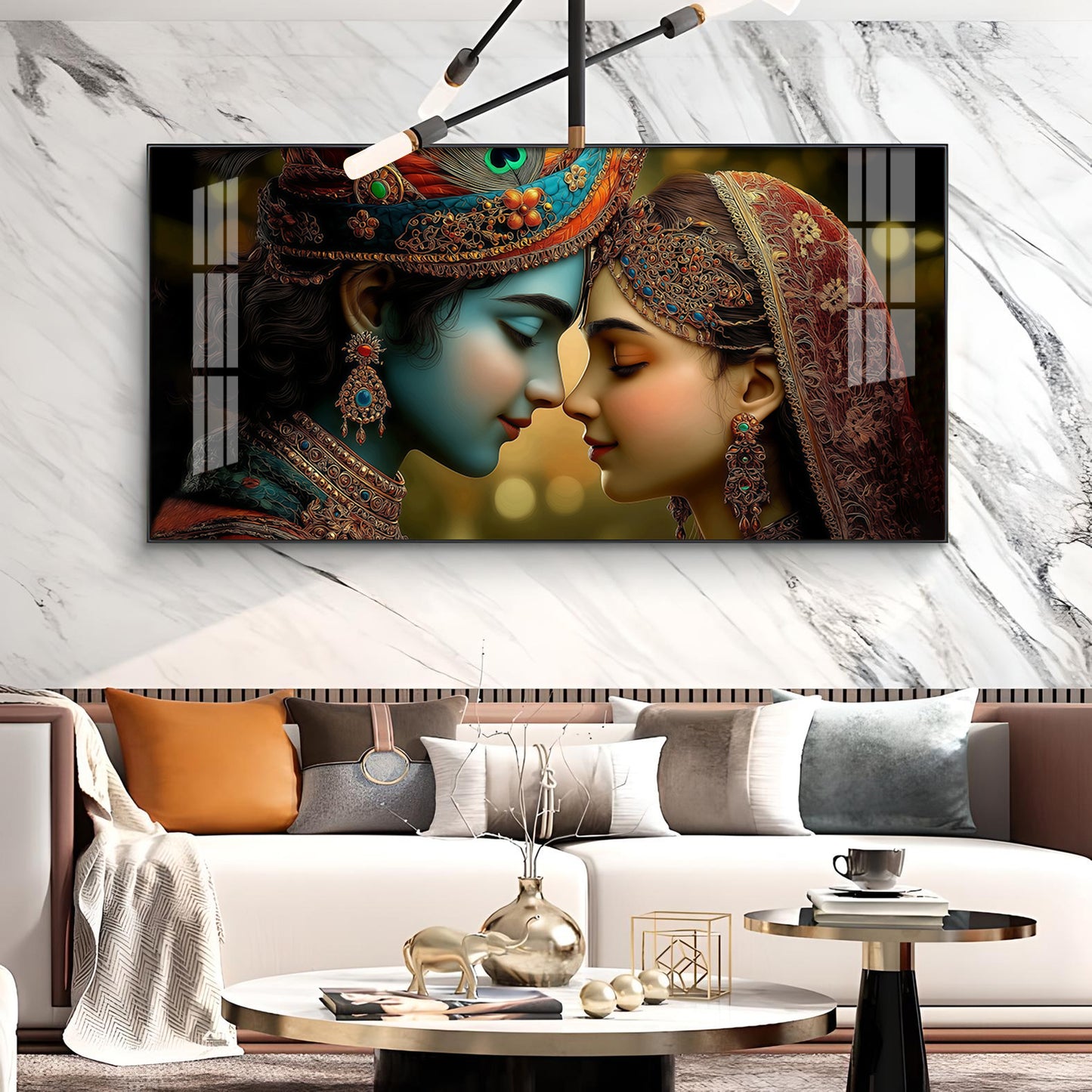 Beauty Couple Radha Krishna Glass Finish Horizontal Wall Art