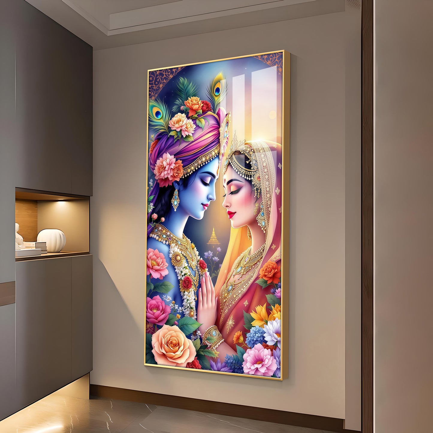 Divine Love Of Radha Krishna Glass Finish Vertical Wall Art