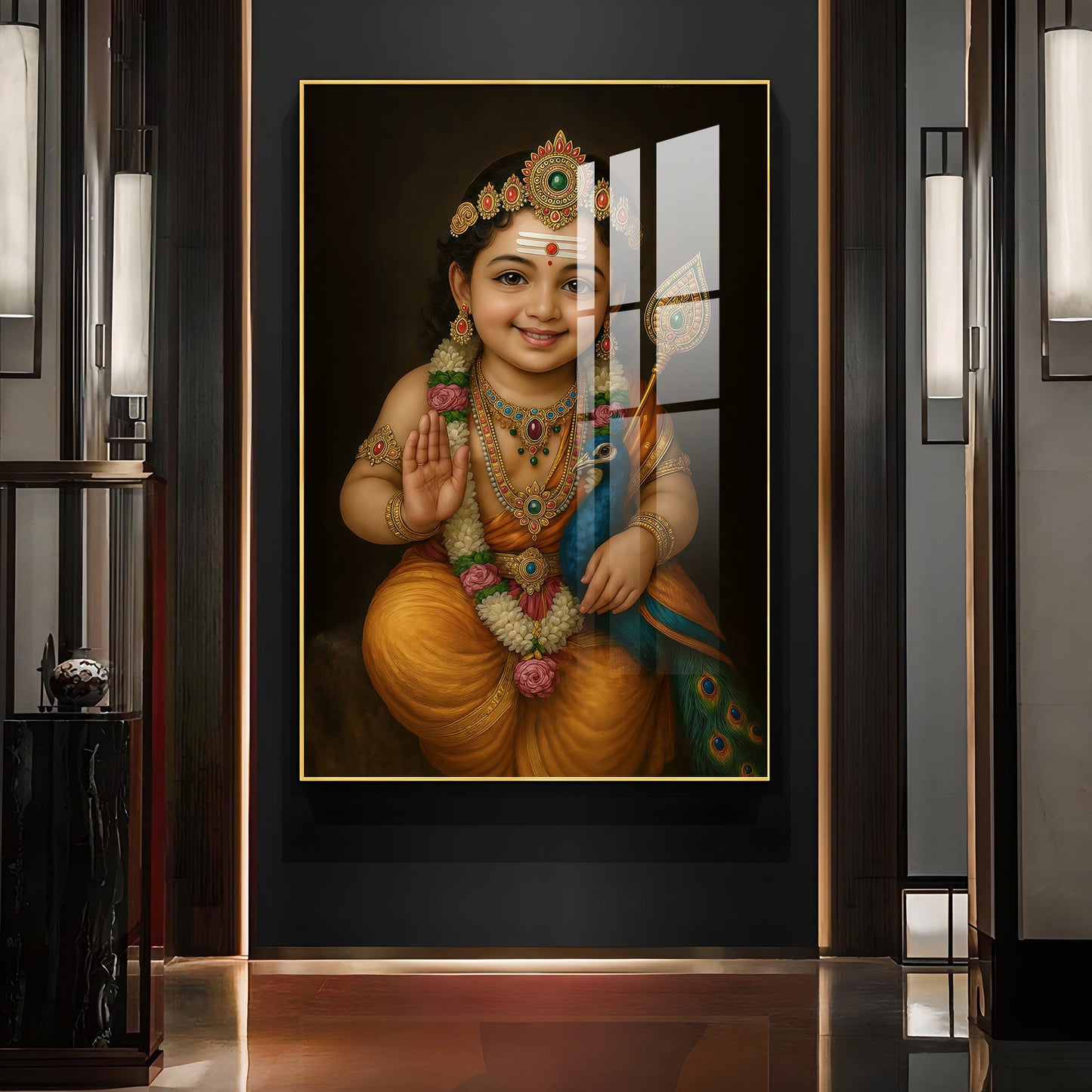 Lord kartikeya Swamy Glass Finish Vertical Wall Art