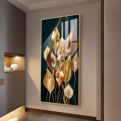 Golden Leafy Luxe Glass Finish Vertical Wall Art