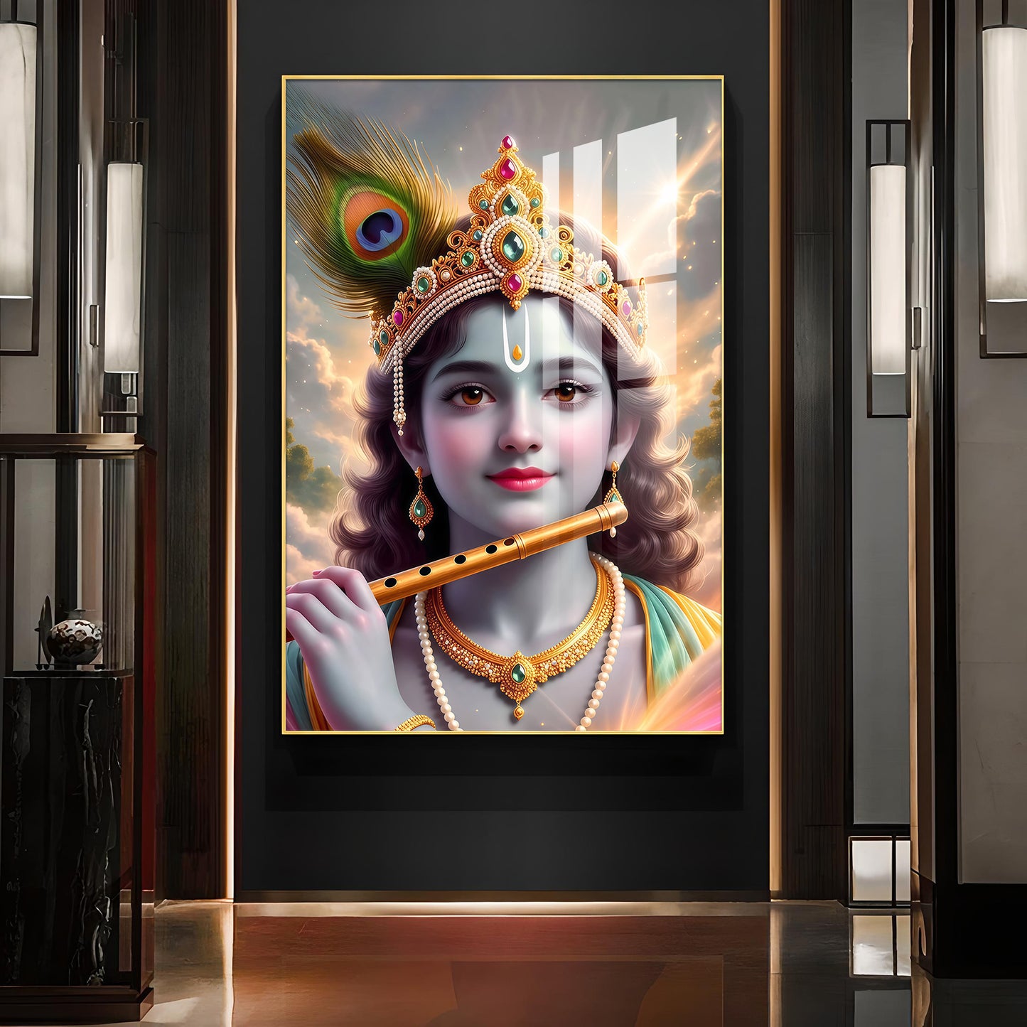 Shri Krishna Ji With Flute Glass Finish Vertical Wall Art
