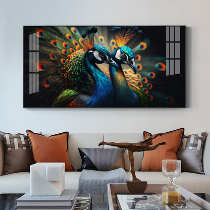 Peacock Duo Glass Finish Horizontal Wall Art