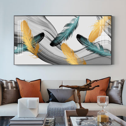 Ginkgo Leaf And Feather Glass Finish Horizontal Wall Art