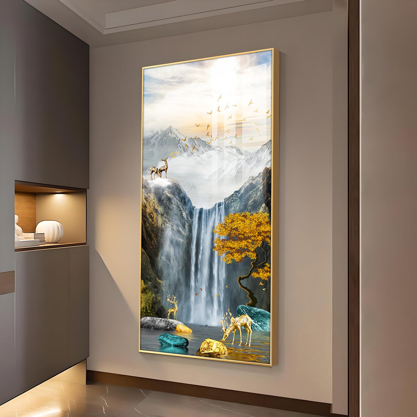 Alpine Gold Reindeer Waterfall Glass Finish Vertical Wall Art